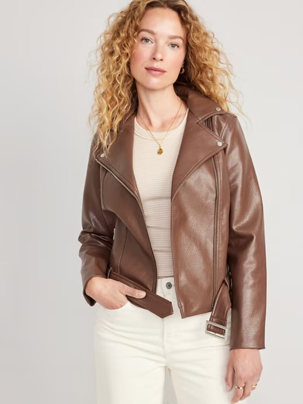 Old Navy Women's Brown Biker Jacket Faux Leather Belted Zipper Pockets Sz M NWT